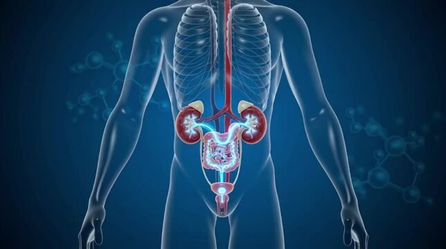 Anatomical scientific representation of the human urinary system in three dimensions, featuring luminous paths and a blue backdrop, encompassing the kidneys, ureters, and bladder