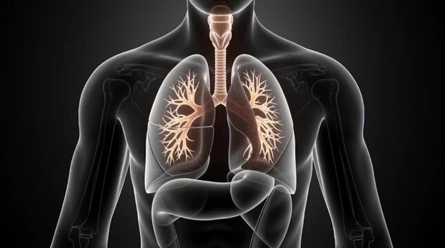 An intricate digital representation of the human lung anatomy from a frontal perspective, displaying the respiratory system with glowing bronchi and trachea