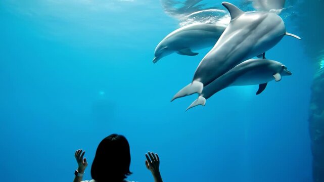 後ろ姿の女性が眺める中、水族館の大きな水槽で泳ぐイルカの親子