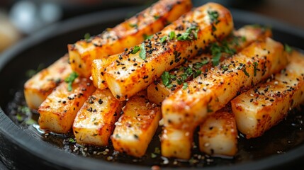 Appetising pieces of baked tofu with a crispy crust, sprinkled with spices and herbs, glisten on a dark plate, tempting you to try them. A suitable background for food blogs, 