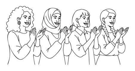 Naklejka premium Four diverse women including Black and Arab individuals clapping hands showing appreciation and support for a multicultural community or corporate event advertisement