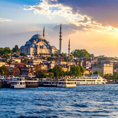 A serene view of a historic cityscape with a large mosque and boats on the water at sunset