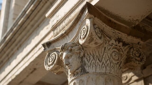 Detailed close up of classical stone column capital with carved ornamental patterns on ancient architectural structure