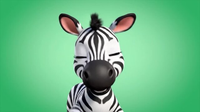 Close-up of a zebra's face with striped fur and alert ears on a green background from a front viewpoint