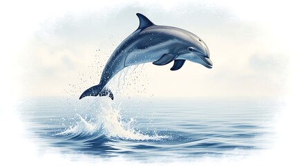 Obraz premium Dolphin Jumping Out of Ocean Water with Splash in Serene Sea