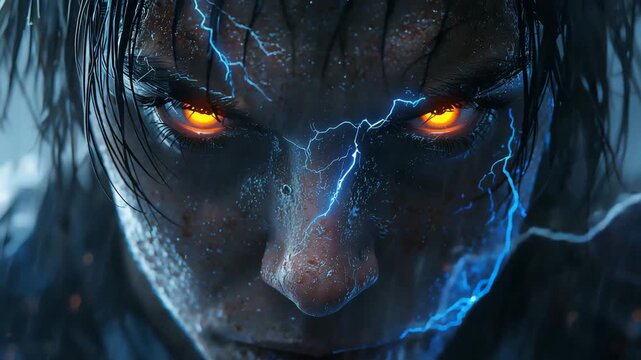 Close up portrait of intense human face with glowing orange eyes and blue lightning streaks across wet skin