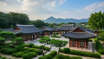 Obraz premium Traditional Korean Hanok Village with Serene Gardens and Mountains