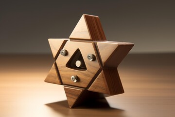 Wooden hexagram puzzle standing on a table, symbolizing logic, strategy, and mental development