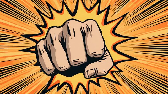 Comic style illustration of clenched fist punching forward with explosive burst lines and bold graphic background