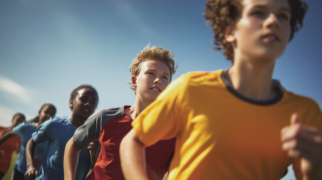 diverse youth soccer team warming up on field, smiling young girl athlete in orange sports jersey, group of active children training outdoors for football