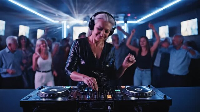 Mature woman DJ with headphones performs at a lively nightclub party with a diverse dancing crowd and bright laser lights.