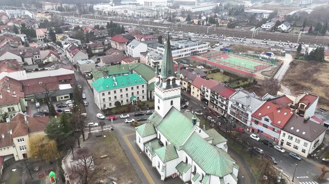 Drone Flight Over Saints Simon and Jude Thaddeus Church in Skawina, Poland &ndash; 21s Aerial View