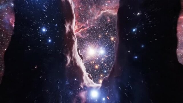 Exploring the pillars of creation in the eagle nebula at night with stars and cosmic dust