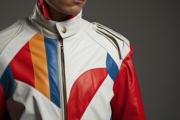 Man wearing an expensive leather biker jacket with red, blue, orange, and white details