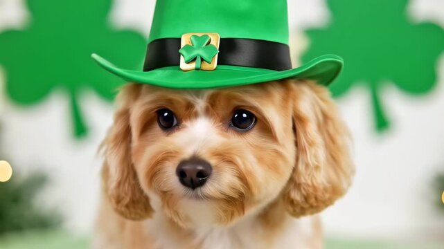 Adorable Dog in Green Hat Celebrates Holiday with Playful Expressions