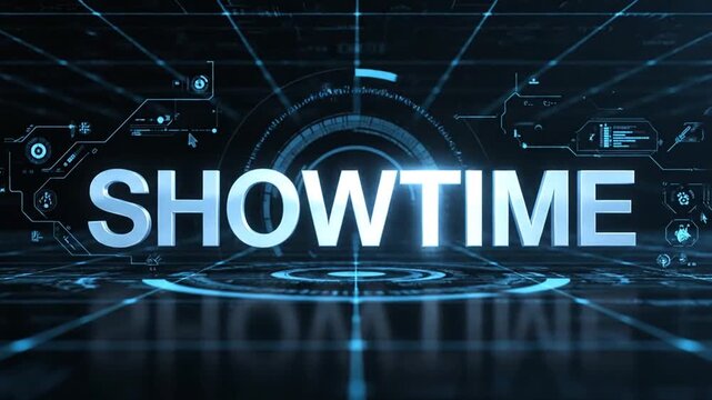 Metallic 3D text 'SHOWTIME' on a dark futuristic digital grid background