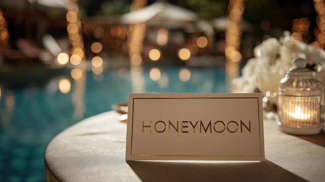 honeymoon text sign on tropical pool background animation