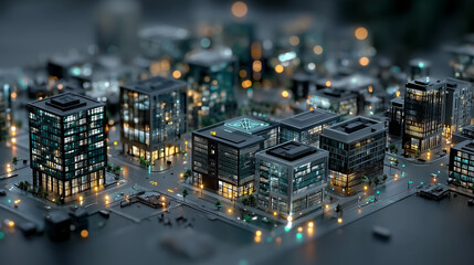 Obraz premium Modern corporate cityscape with illuminated buildings at night.