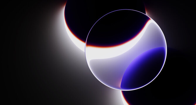 Liquid glass round frame with solar eclipse effect on black 3d background. Blue translucent circle with glowing neon orange rings, bright red halos on dark bg. Abstract space banner. 3D illustration
