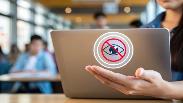 Person holding a laptop with a privacy sticker showing an eye crossed out, symbolizing data protection in a blurred office setting.