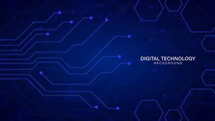 Obraz premium Blue Digital Technology Background with Circuit Lines and Hexagons, Abstract Cyber Security Concept with Futuristic Electronic Network, Modern Motherboard Microchip Pattern for Data Science and Tech