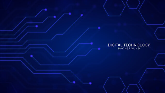 Blue Digital Technology Background with Circuit Lines and Hexagons, Abstract Cyber Security Concept with Futuristic Electronic Network, Modern Motherboard Microchip Pattern for Data Science and Tech