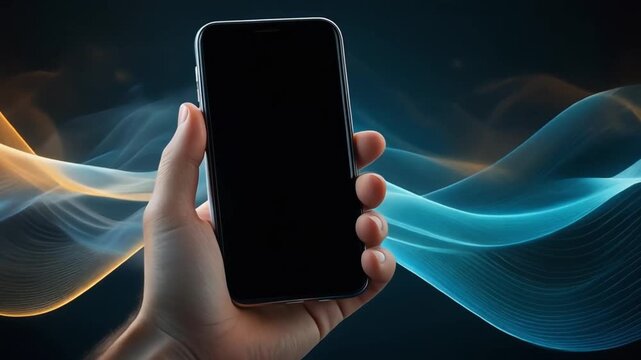 Hand Holding Smartphone with Abstract Digital Waves in Background, Technology Concept