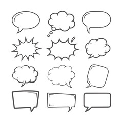Fototapeta premium Collection of twelve hand drawn black and white speech and thought bubbles comic