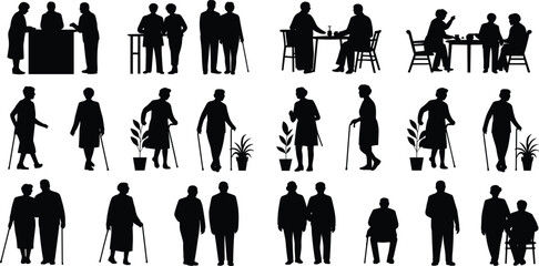 Senior people silhouette set featuring elderly men and women walking, sitting, and socializing, retirement lifestyle vector collection isolated on white background for healthcare, caregiving, and comm