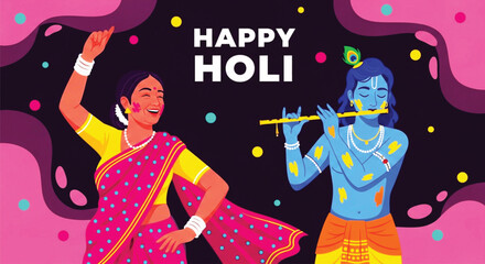 A vibrant illustration celebrating the hindu festival of holi with a dancing woman and lord krishna playing the flute against a dark, colorful background. © SWEET