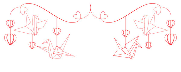 Line drawing of hanging paper crane origami with heart illustration.eps