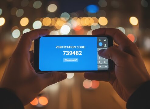 Person holds smartphone displaying verification code against a bokeh city lights background at night