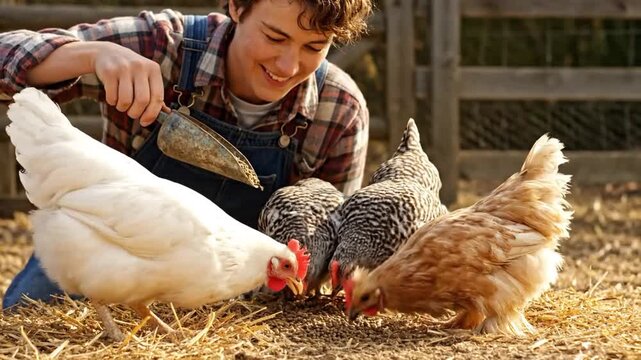 Man feeding chickens in a farm yard surrounded by hens and roosters from a close up