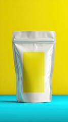 Blank package pouch mockup on yellow and blue backdrop for product display