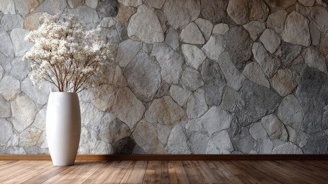 Tall white vase holding dried white flowers stands against an irregular fieldstone wall above a wooden floor