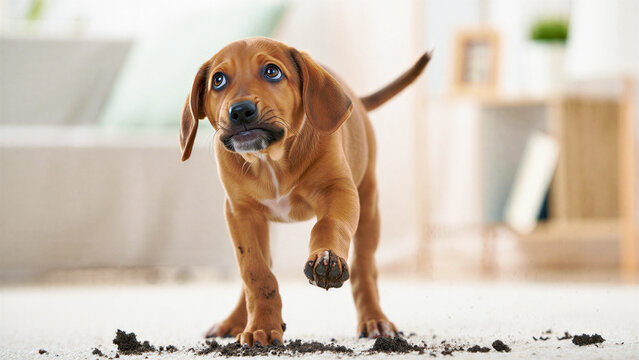 Adorable puppy with guilty expression after making mess on floor at home capturing playful behavior pet training challenges indoor accident learning process and responsible dog ownership