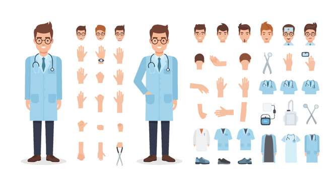 Doctor character creation kit with body parts and accessories, medical avatar builder set, healthcare professional design elements, customizable physician illustration pack, flat cartoon style collect