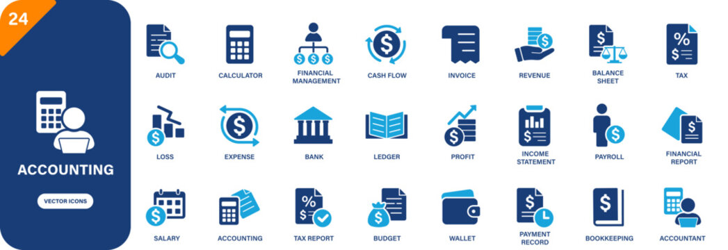 Accounting icon. Includes financial, payroll, accountant, budget, and tax. Solid vector icon set.