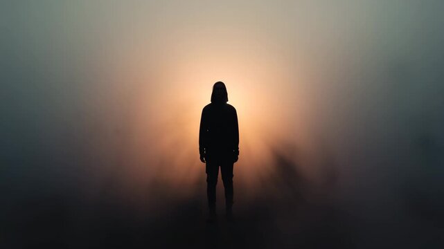 Silhouette of a single person standing in dense fog with strong backlight creating glowing halo and soft haze