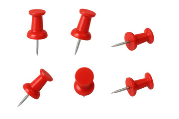Several red push pins in various orientations on a transparent background, isolated office stationery items