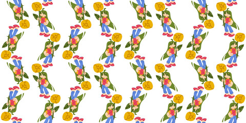 Seamless repeat featuring a girl with green hair holding a round flower. Alternating upright and upside down poses create a dynamic spring character illustration. © pepiyoinlo