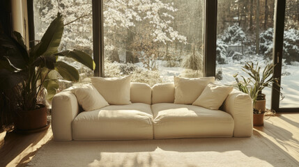 Fototapeta premium Cozy Living Room with Winter Garden View