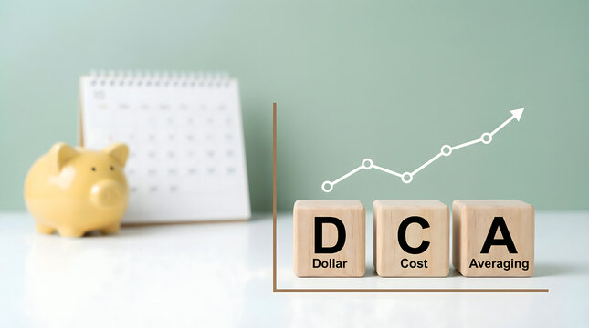 DCA Dollar Cost Averaging concept with piggy bank, calendar, and growth chart.