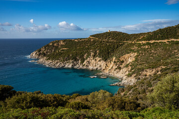 Fototapeta premium Aerial view of the Capo Boi coastline and ancient watchtower, Sardinia.