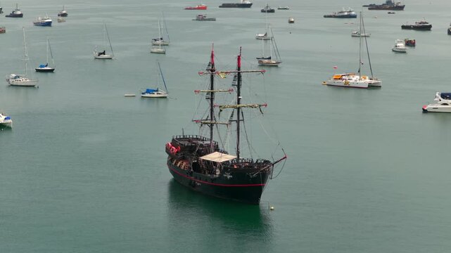 Aerial orbit around the Black Pearl replica tour vessel in Panama City Puerto de Cruceros
