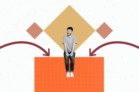 Pop abstract collage of person on geometry figure with moving arrows over red white background