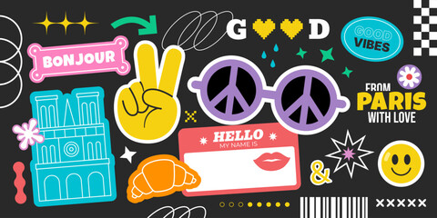 Paris travel stickers collage with croissant, peace sign and retro pop art icons, colorful souvenir badge illustration inspired by France © oksanagrytsyuk