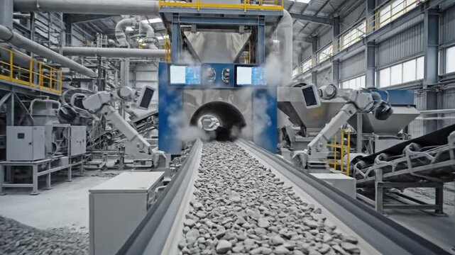 Conveyor system moves rocks in a processing facility in morning hours with screens showing data