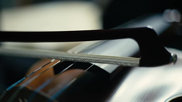 An angled, blurred, and tight shot of a stringed instrument and bow, focused on strings