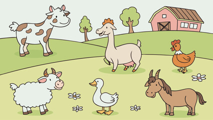 Fototapeta premium Cute Cartoon Farm Animals Grazing in Sunny Green Pasture for Children's Book Illustration or Educational Website Design